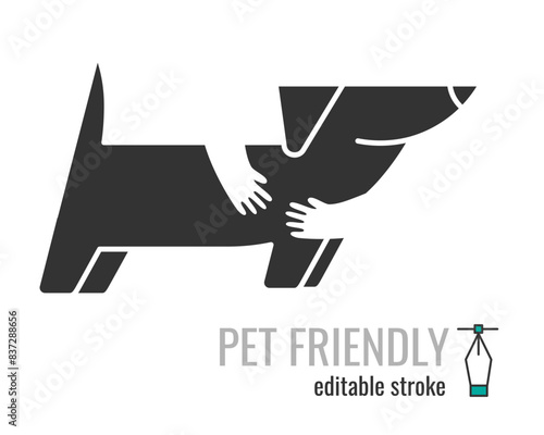 Pet Friendly line icon. pet care symbol. Dog with hugging hands pictogram. Pets allowed public places sign. Vector graphics illustration EPS 10. Editable stroke