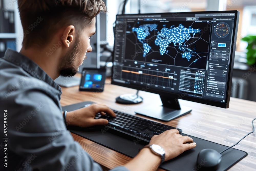 Man Sitting at Desk Using Computer Man Sitting at Desk Using Computer