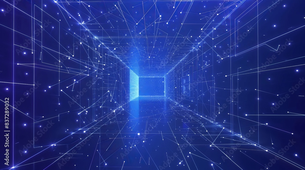 A data center room with servers for digital processing and storage of information is illustrated, featuring polygonal construction of connected lines and points against a blue background. A data center room with servers for digital processing and storage of information is illustrated, featuring polygonal construction of connected lines and points against a blue background.