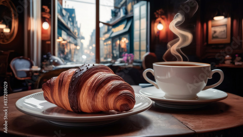 Morning Coffee and Chocolate Croissant in a Cozy Cafe.