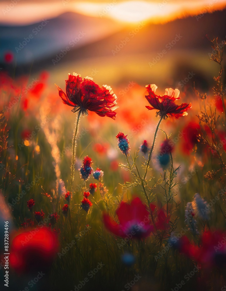 Obraz premium beautiful colorful meadow of wild flowers floral background, landscape with red flowers with sunset and blurred background 