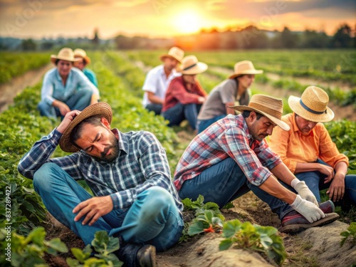 Tired  overworked farm workers resting in the field   exhausted  labor  agriculture  farm  workers  break  fatigue  tired  rural  field  group  worn out  exhausted  resting  sitting