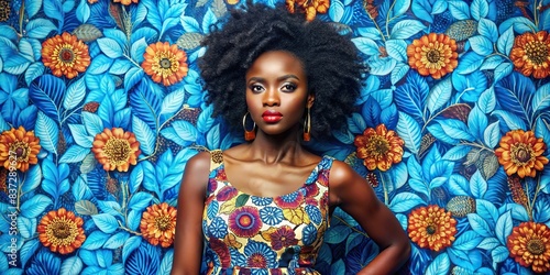 Blue flowers background with beautiful African woman's dress