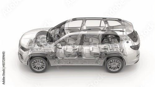 A detailed cutaway representation of a generic SUV, viewed from the top, is presented with a ghost effect and isolated on a white background.