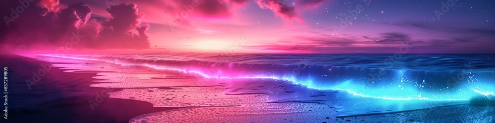 Fototapeta premium Surreal Sunset over a Neon-Lit Ocean Shoreline, Stars Twinkling Above Tranquil Waters