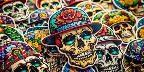 Luxurious and diverse skull designs as stickers, s, and on t-shirts