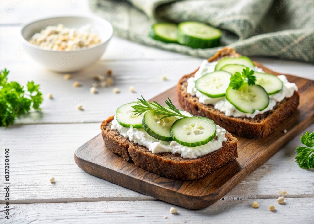 Rye bread with cream cheese and cucumbers on a white table, rye bread, cream cheese, cucumbers, healthy, snack, breakfast, fresh, organic, vegetarian, homemade, whole grain, seeds