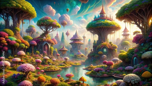 Enchanting world filled with fantastical flora, quirky landscapes, and otherworldly elements photo