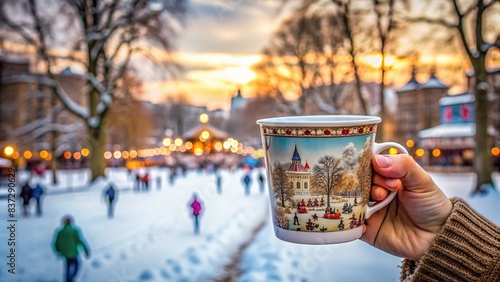Hand holding winter wonderland cup with blurred Hyde Park background photo