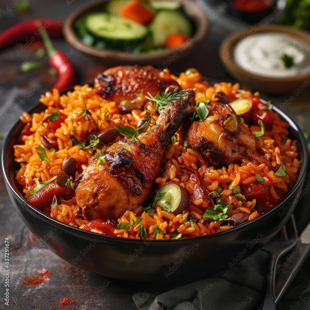 Jollof rice, a plate of jollof rice and fried chicken Jollof rice, a plate of jollof rice and fried chicken