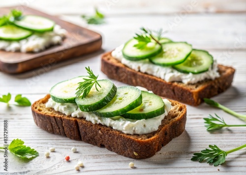 Rye bread with cream cheese and cucumbers on a white table, rye bread, cream cheese, cucumbers, healthy, snack, breakfast, fresh, organic, vegetarian, homemade, whole grain, seeds