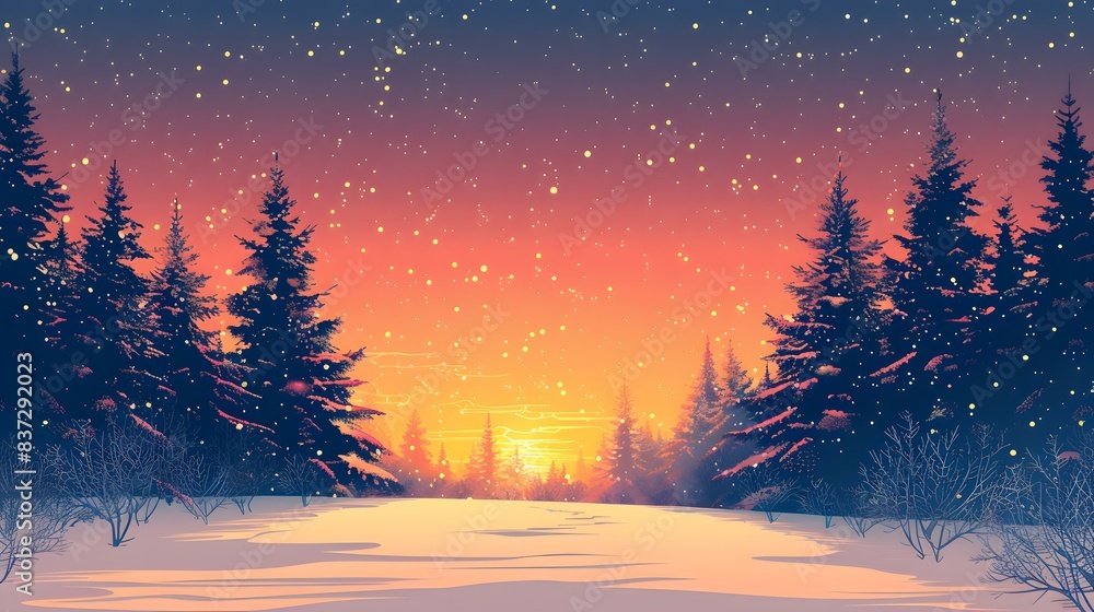 The setting sun shines through the snow covered trees The setting sun shines through the snow covered trees