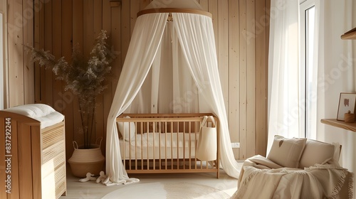 Cozy Baby Room with Wooden Furniture and Soft Textiles. Comfortable Baby Nursery with Wood and Fabric Decor. Warm and Inviting Baby Room with Wooden Furniture © Amna