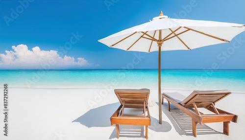 Wallpaper Mural white sandy beach with wooden sunbeds under an umbrella  Torontodigital.ca