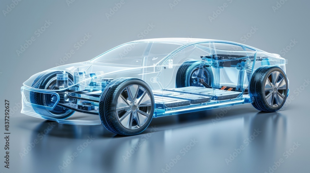 A line art 3D illustration displays a modern electric car chassis x-ray, revealing the vehicle battery in a studio environment. A line art 3D illustration displays a modern electric car chassis x-ray, revealing the vehicle battery in a studio environment.