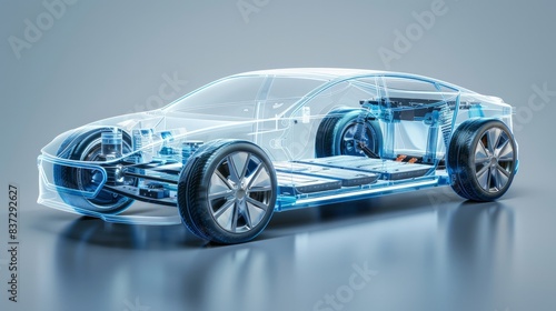 A line art 3D illustration displays a modern electric car chassis x-ray, revealing the vehicle battery in a studio environment.
