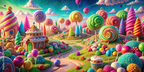 Vibrant  of a whimsical candyland landscape made of colorful candies