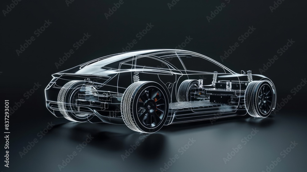 A line art 3D illustration displays a modern electric car chassis x-ray, revealing the vehicle battery in a studio environment. A line art 3D illustration displays a modern electric car chassis x-ray, revealing the vehicle battery in a studio environment.