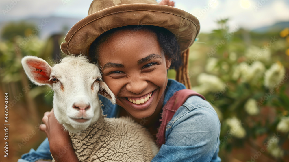 Young woman hugging a baby goat, smiling brightly.