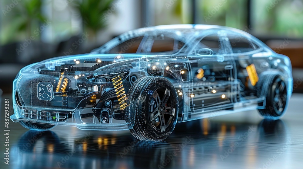 A line art 3D illustration displays a modern electric car chassis x-ray, revealing the vehicle battery in a studio environment. A line art 3D illustration displays a modern electric car chassis x-ray, revealing the vehicle battery in a studio environment.