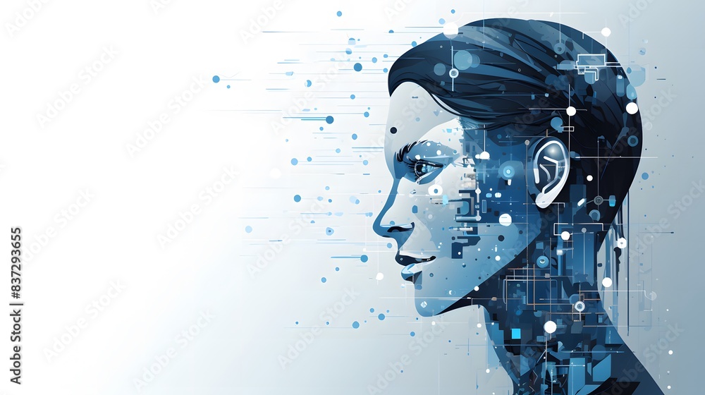 Obraz premium Futuristic AI Woman Portrait, Blue Digital Illustration, Technology Concept, Modern Sci-Fi Art, High-Tech Design, Copy Space