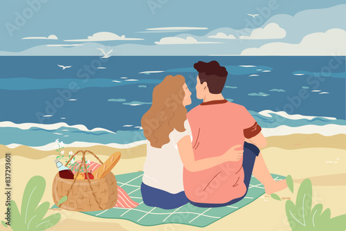 Love couple hugging and relaxing on picnic blanket at seaside. Romantic date of young man and woman on seashore. Vector horizontal panoramic view with people, basket for food on beach by sea.