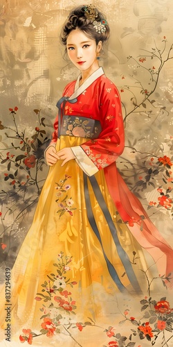 Elegant Asian Woman in Traditional Hanbok Dress with Flowers
