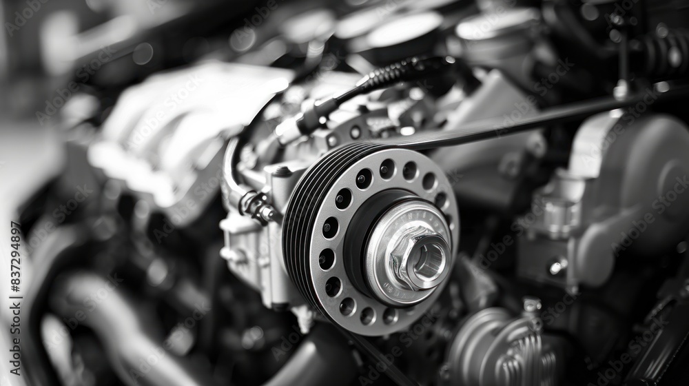 Fototapeta premium A new car engine is depicted isolated on a white background in a black and white image.