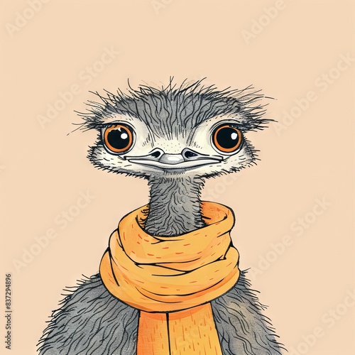 Cute illustration of an ostrich wearing an orange scarf against a peach background, perfect for quirky design projects and children's content. photo