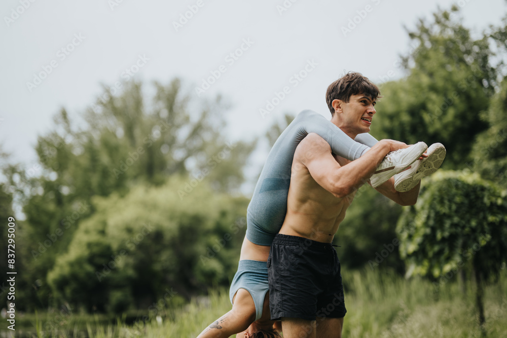 Fototapeta premium Woman performing ab exercises while sitting on her boyfriend's shoulders in a serene outdoor park environment.
