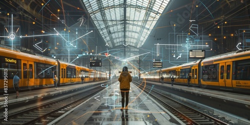 A person standing in a modern train station with yellow trains on either side, surrounded by digital interface elements. Ideal for themes related to travel, technology, commuting, train station