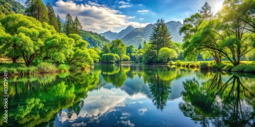 Tranquil landscape of a serene nature scene with lush greenery and peaceful water reflections