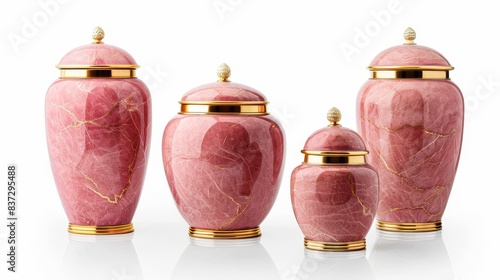 Ash urns made of natural  pink marble. Various sizes with gold inlay on white background. Concept: Cremation. Funeral, memory, Commemoration of the deceased. Funeral services bureau. photo