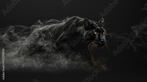 A mystical black puma with glowing amber eyes surrounded by swirling smoke, symbolizing mystery, power, and the supernatural, banner with copy space