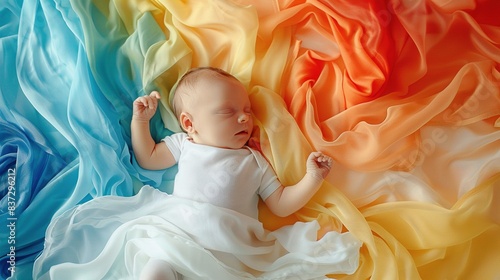 A newborn baby dancing on a colored background