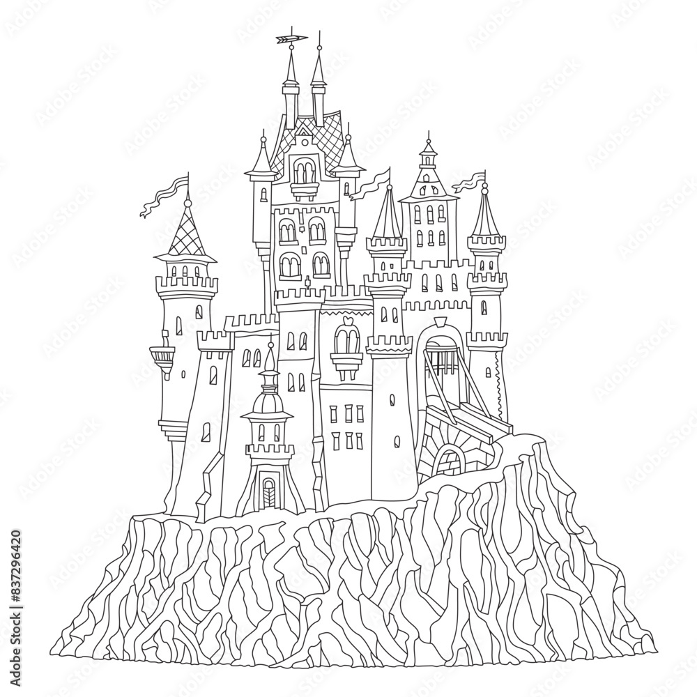 Naklejka premium Fairy tale castle fortress. Hand drawn black and white architectural sketch for coloring book page