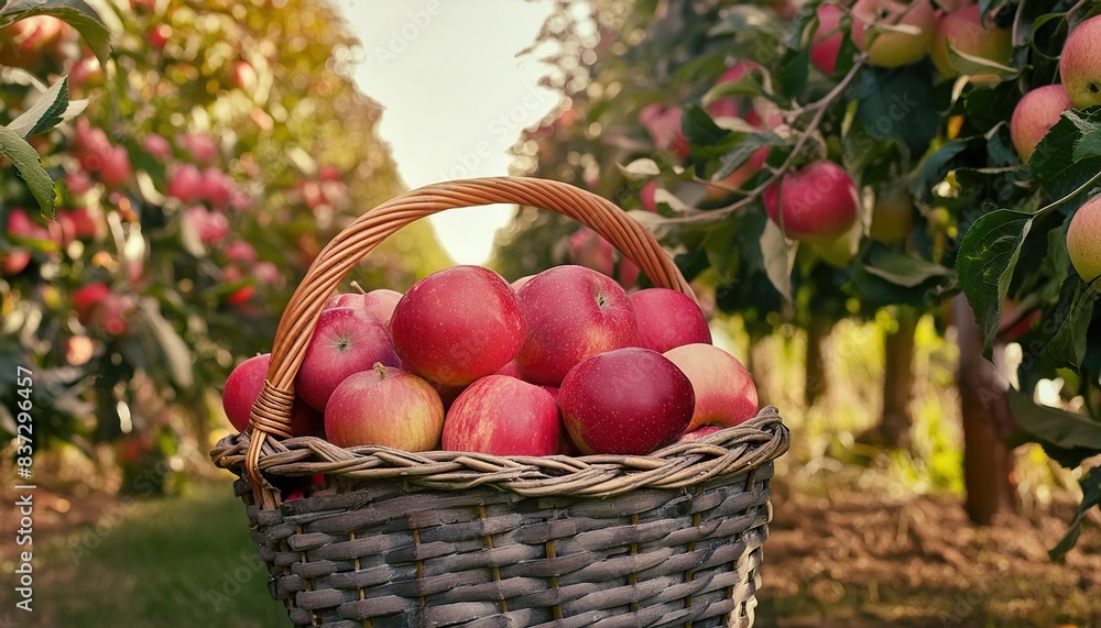 A basket of freshly picked apples in an orchard A basket of freshly picked apples in an orchard