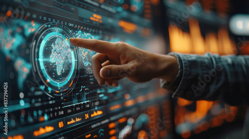 Hand Interacting With Futuristic Global Data Interface