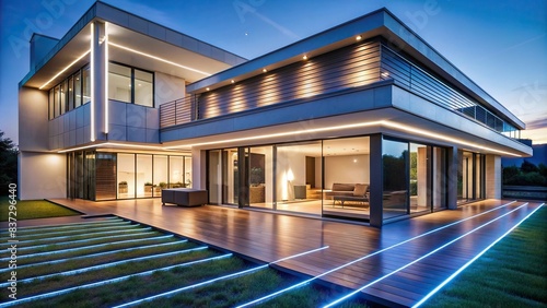 LED light line outlining the architecture of a modern house photo