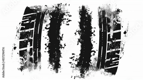 A set of two grunge black tire track silhouettes is presented. photo