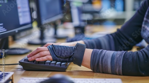 Office worker suffering from repetitive strain injury, symbolized by a wrist brace while typing on a computer. photo