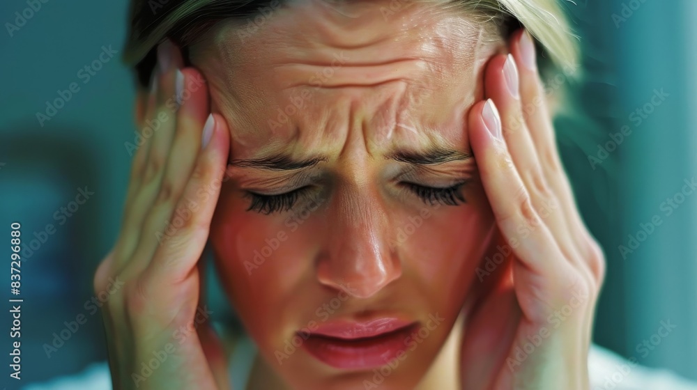 Fototapeta premium Brunette woman holds her temples in agony, furrowed brow indicating intense migraine pain.