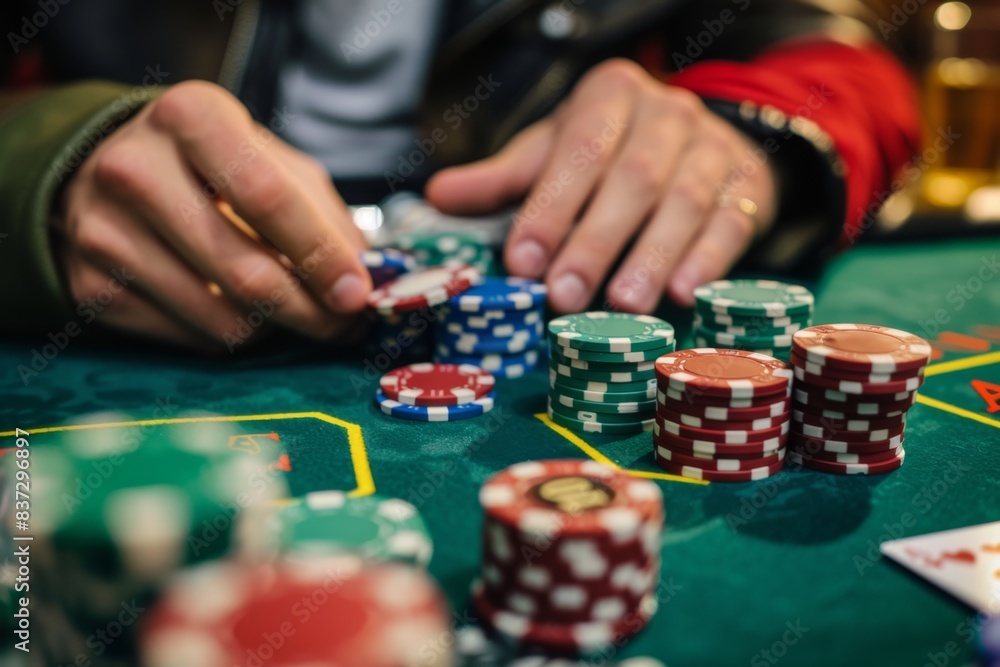 Someone is playing a game of poker with chips on a table, gambling concept background Someone is playing a game of poker with chips on a table, gambling concept background