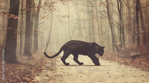   A black cat walks through a leafy forest road