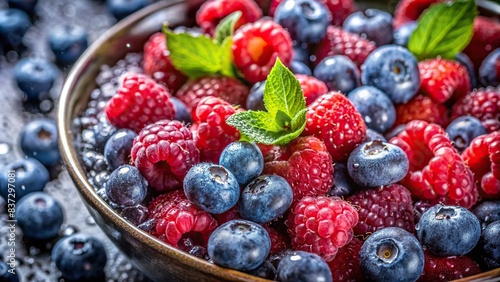 Closeup of fresh raspberries and blueberries in bowl with water drops