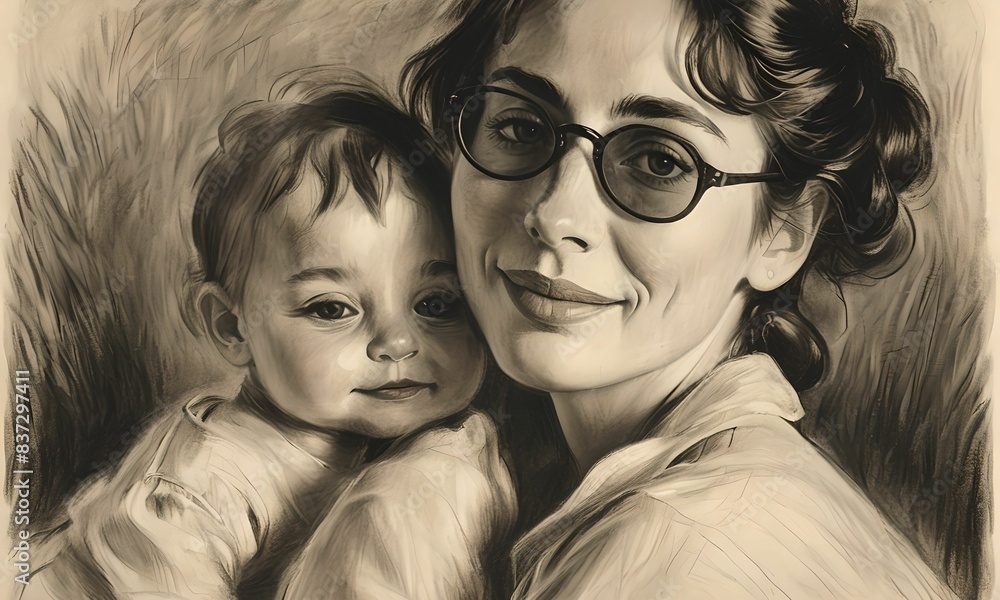 wallpaper representing a portrait of a woman with a child in her arms. Scene draws with charcoal in black and white wallpaper representing a portrait of a woman with a child in her arms. Scene draws with charcoal in black and white