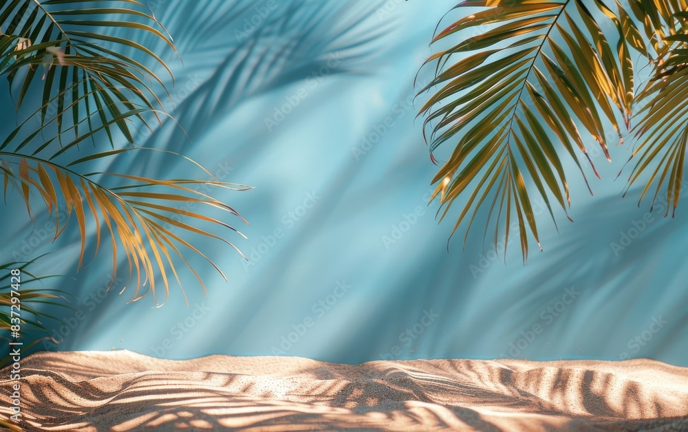 Naklejka premium Palm Fronds and Sand With Blue Background and Sunlight Shadows
