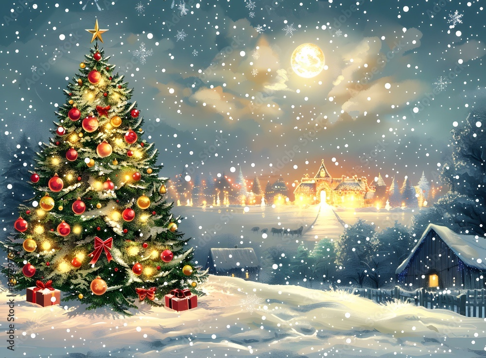 Naklejka premium Christmas Eve in Snowy Village