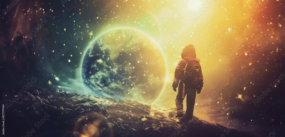 Obraz premium Child in astronaut suit on alien planet