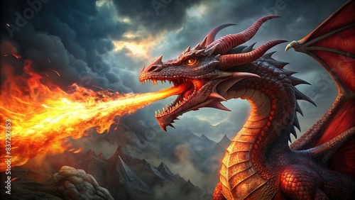 Dark fantasy of red dragon breathing fire photo